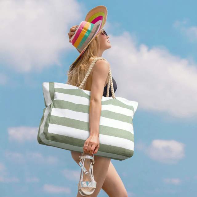 Large size striped pattern canvas women tote bag beach tote bag