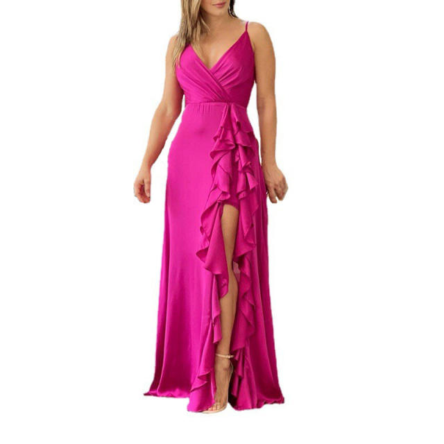 Elegant summer design V neck ruffle design maxi dress