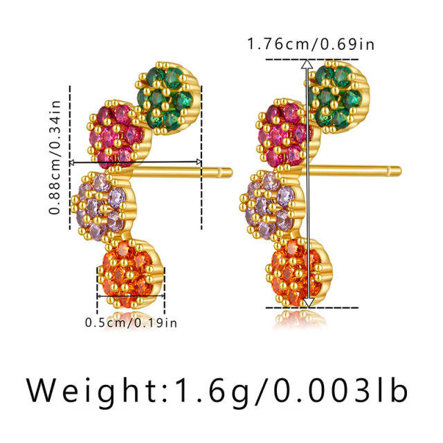 18K real gold plated rainbow cz ball shape copper studs earrings