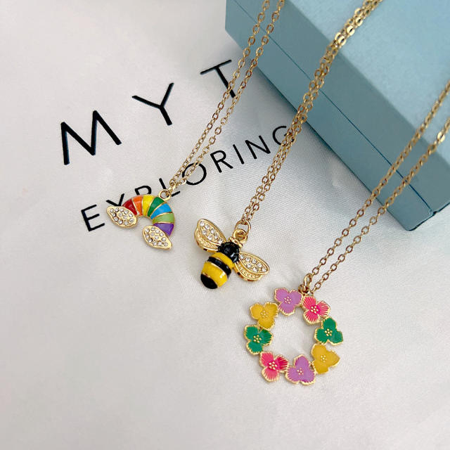 Dainty colorful enamel bee rainbow dainty stainless steel necklace