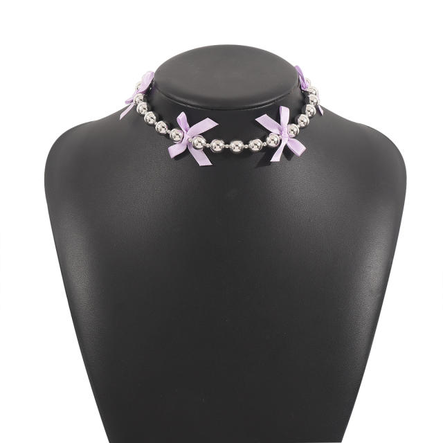 Y2K colorful ribbon bow ball beaded choker necklace