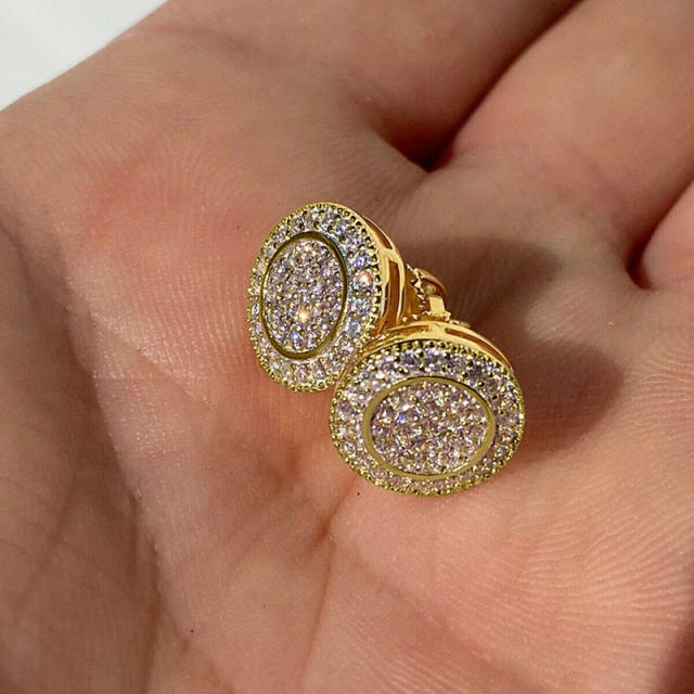 Hiphop full diamond copper material button studs earrings