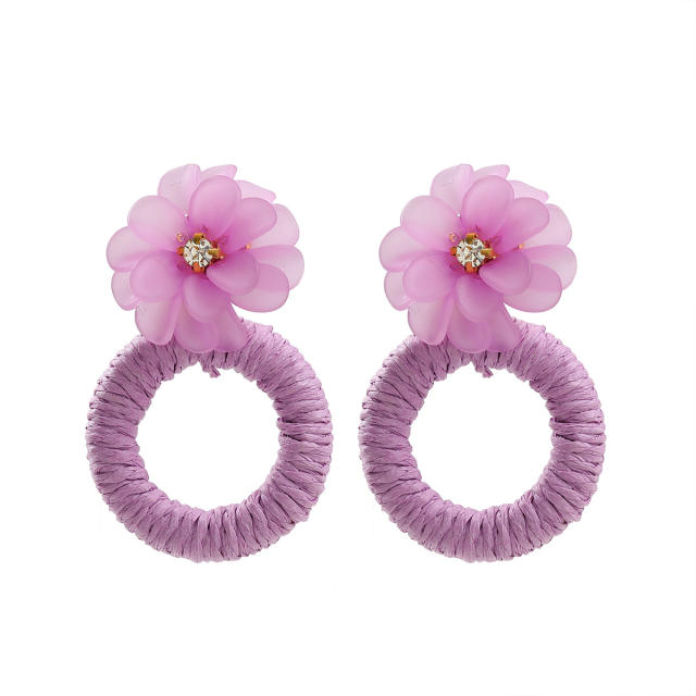 Colorful summer straw circle flower dangle earrings