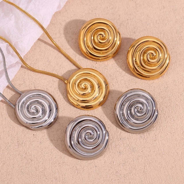 18KG geometric round piece sprial shape stainless steel necklace set