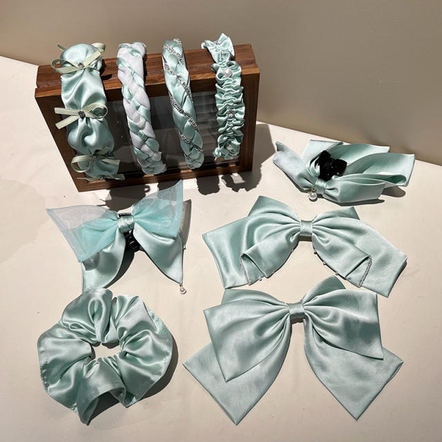 Summer blue color satin headband bow hair clips collection