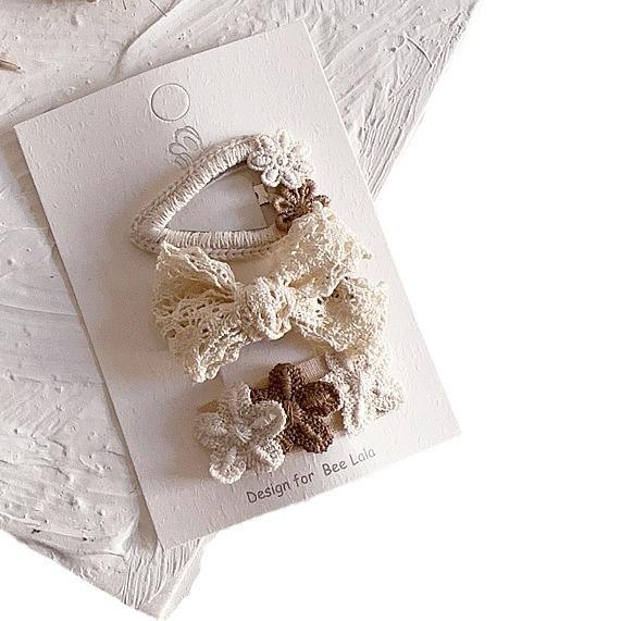 Natural white color lace bow snap hair clips set for kids