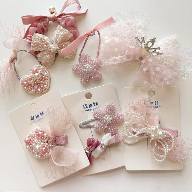Korean fashion sweet pink color beaded bow flower hair clips for kids