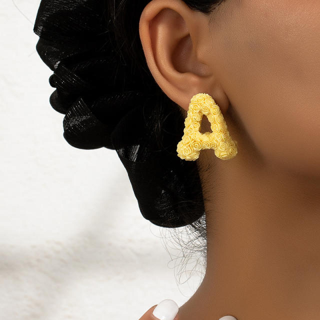 Creative rose flower resin material initial letter studs earrings