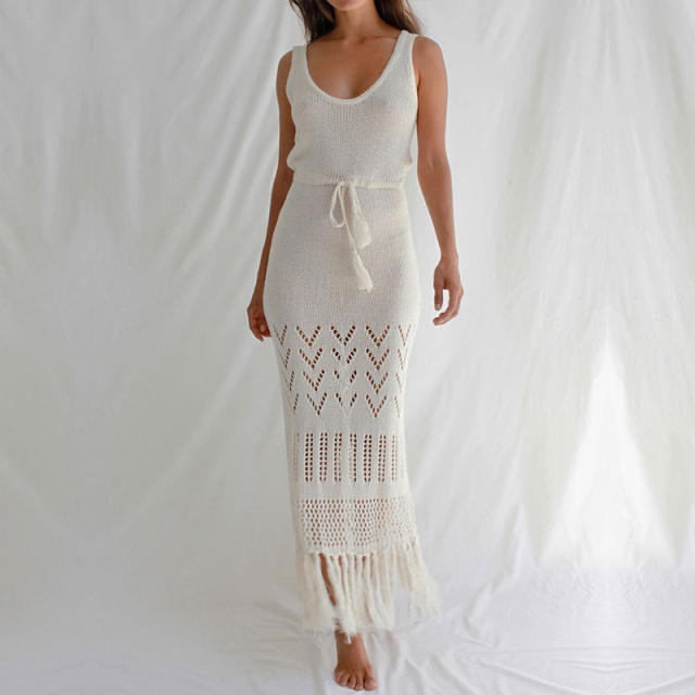 Summer sexy backless knitted long swimwear cover up beach dress