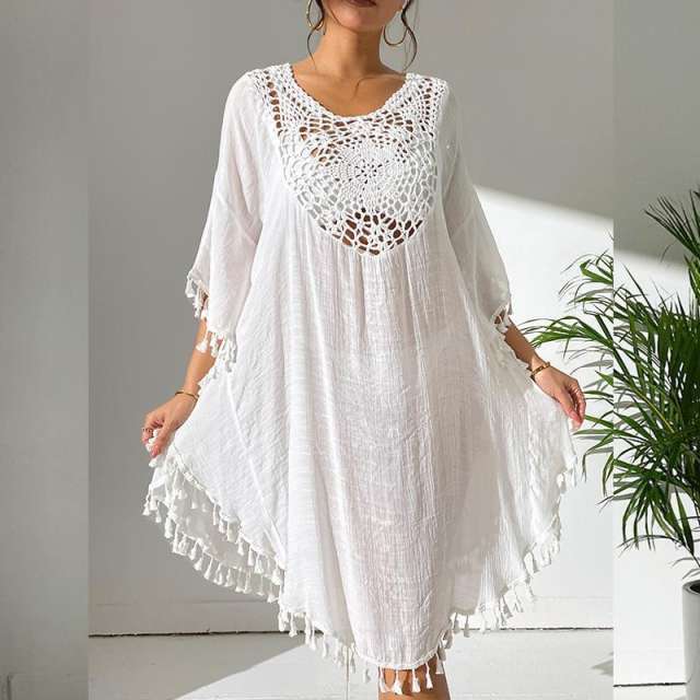 Summer plain color hollow out lace short swimwear cover up