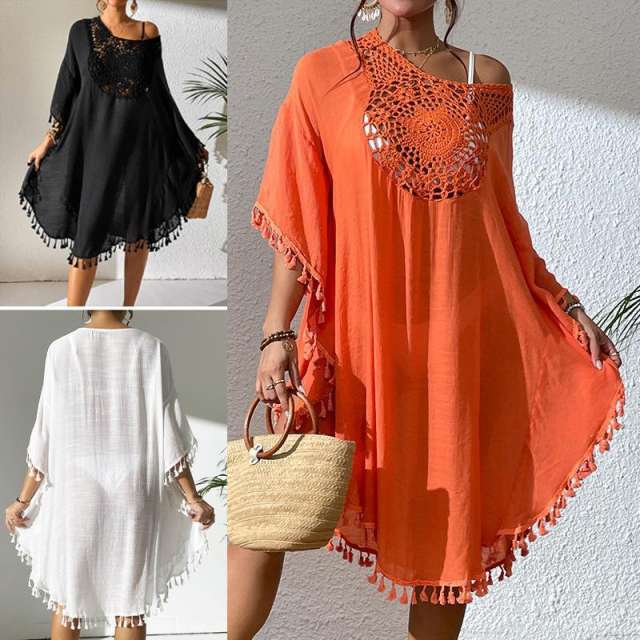 Summer plain color hollow out lace short swimwear cover up