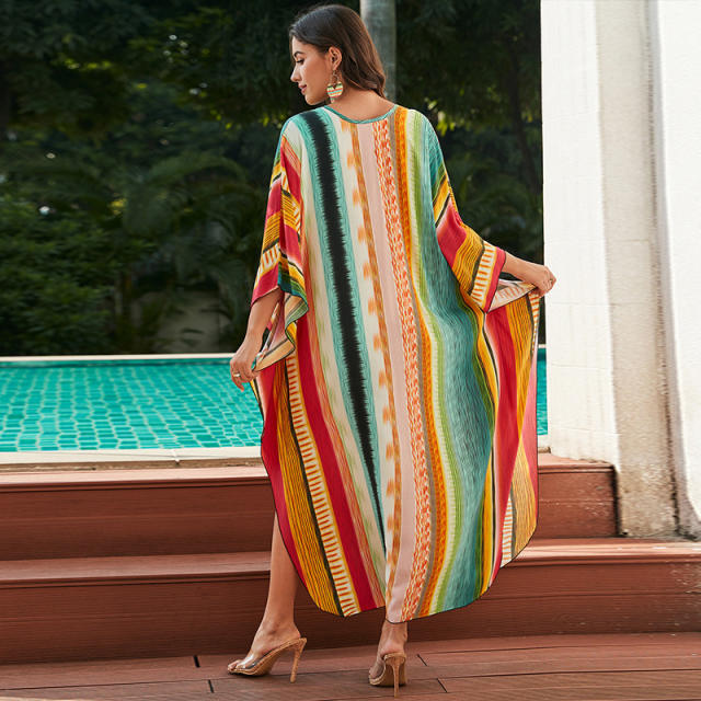 Boho colorful striped pattern loose swimwear cover up