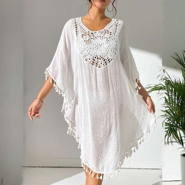 Summer plain color hollow out lace short swimwear cover up