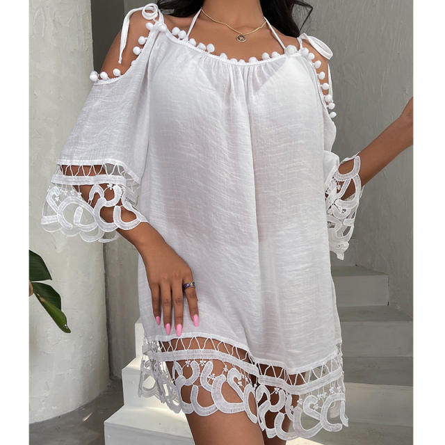 Summer white black color off shoulder beach cover up beach dress