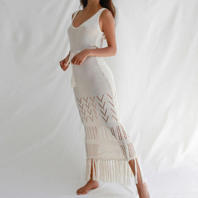 Summer sexy backless knitted long swimwear cover up beach dress