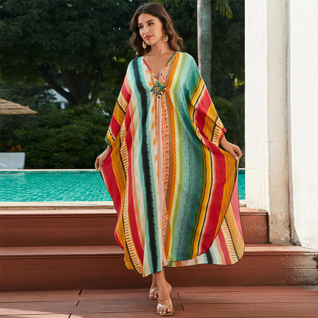 Boho colorful striped pattern loose swimwear cover up