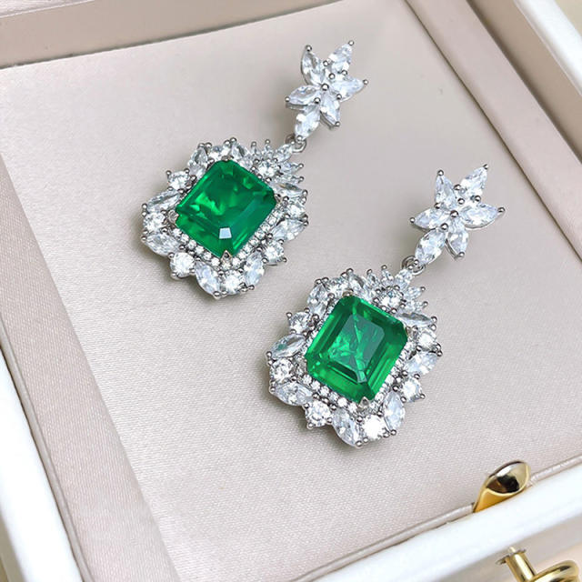 Luxury green color square cubic zircon diamond prom earrings