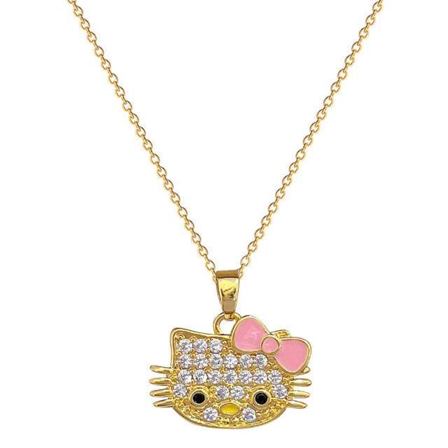 Sweet diamond kitty pendant stainless steel chain necklace