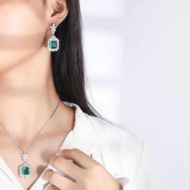 Luxury green color square cubic zircon diamond prom earrings