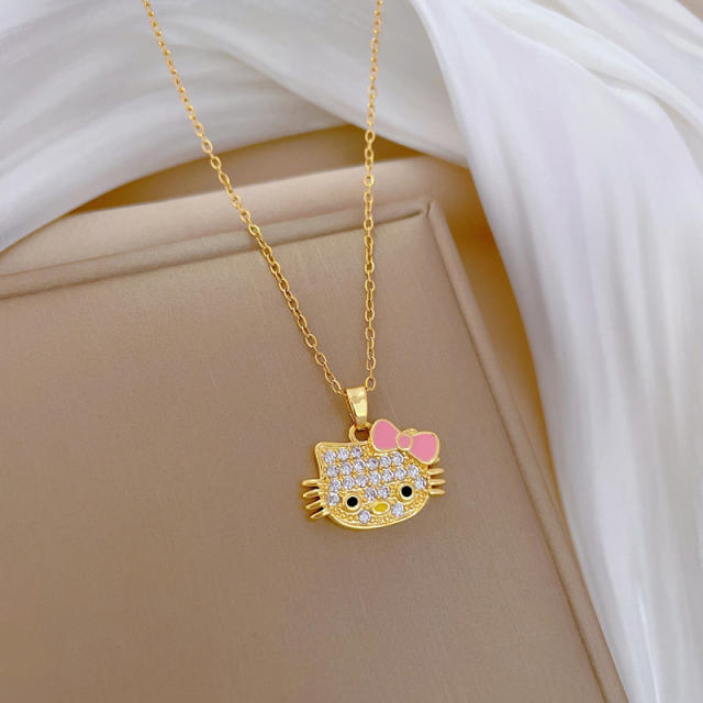 Sweet diamond kitty pendant stainless steel chain necklace