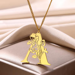Occident fahsion hollow out flower initial letter boho stainless steel necklace