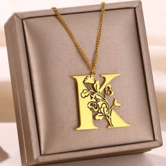 Occident fahsion hollow out flower initial letter boho stainless steel necklace