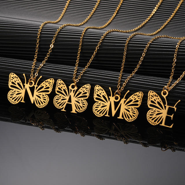 Hot sale hollow out butterfly initial letter stainless steel necklace