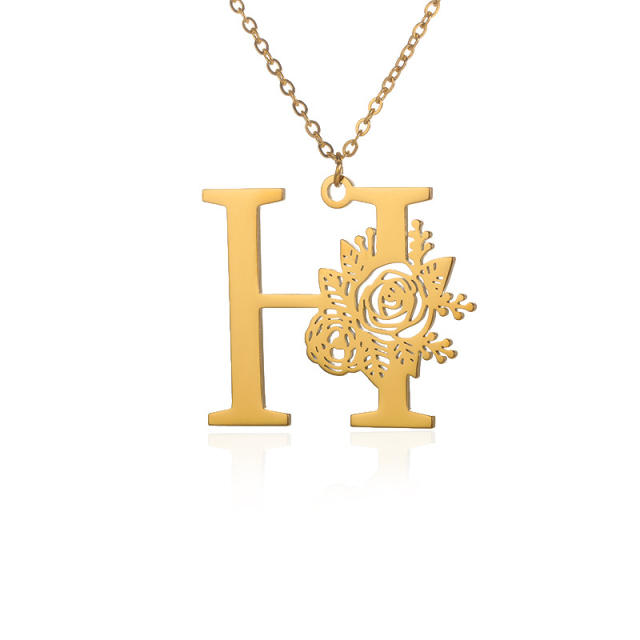 18KG rose flower stainless steel initial letter necklace