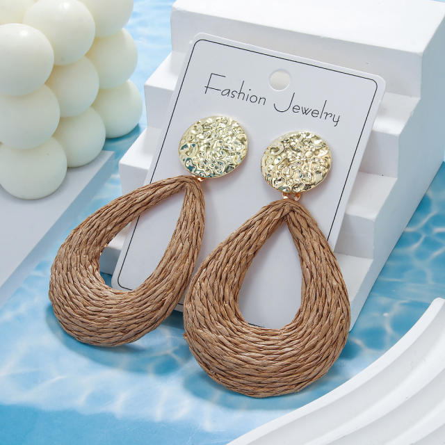 Boho colorful straw hollow out drop earrings for summer