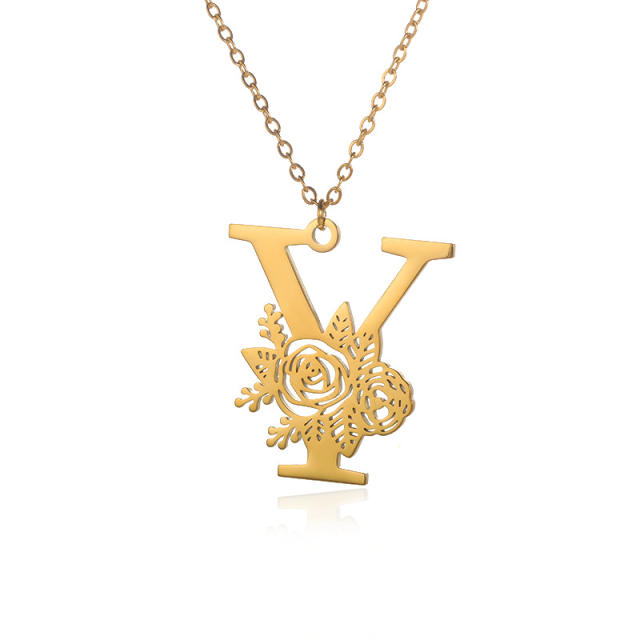 18KG rose flower stainless steel initial letter necklace