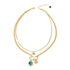 Boho two layer turquoise bead paperclip pendant stainless steel necklace