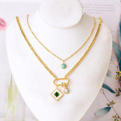 Boho two layer turquoise bead paperclip pendant stainless steel necklace