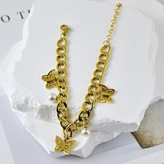 HIPHOP hollow out butterfly charm stainless steel cuban link chain bracelet