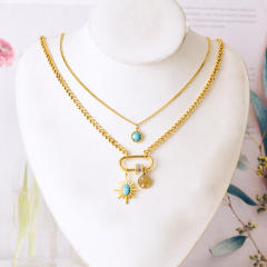 Boho two layer turquoise bead paperclip pendant stainless steel necklace
