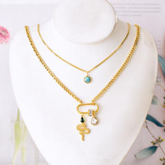 Boho two layer turquoise bead paperclip pendant stainless steel necklace