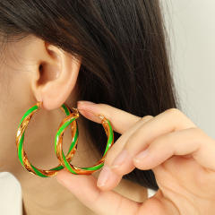 Boho color enamel twisted big hoop stainless steel earrings