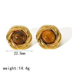 Boho tiger eye stone pearl bead button stainless steel earrings