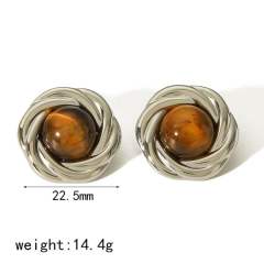 Boho tiger eye stone pearl bead button stainless steel earrings