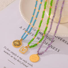 Summer colorful crystal bed evil eye coin butterlfy charm stainless steel necklace