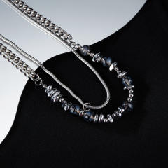 Hiphop two layer natural stone bead stainless steel necklace for men