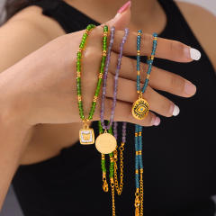 Summer colorful crystal bed evil eye coin butterlfy charm stainless steel necklace