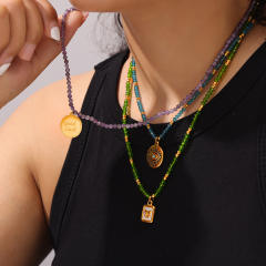 Summer colorful crystal bed evil eye coin butterlfy charm stainless steel necklace