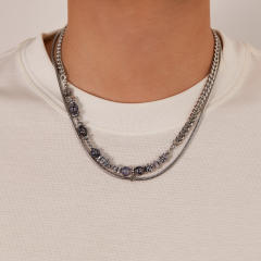 Hiphop two layer natural stone bead stainless steel necklace for men