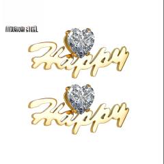 Elegant heart cubic zircon custom name stainless steel earrings