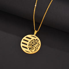 Personality round shape life tree engrave letter stainless steel necklace