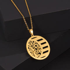 Personality round shape life tree engrave letter stainless steel necklace