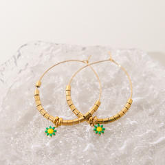 Boho daisy flower bead big hoop stainless steel earrings