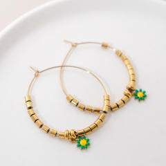 Boho daisy flower bead big hoop stainless steel earrings