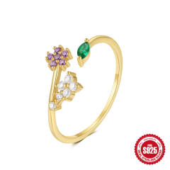 925 sterling silver cubic zircon flower adjustable finger rings