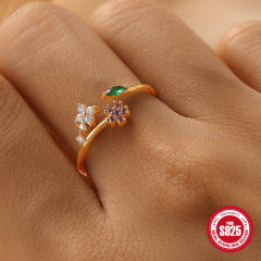 925 sterling silver cubic zircon flower adjustable finger rings